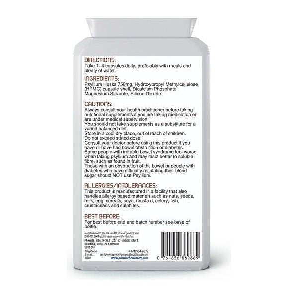 Psyllium Husks 750mg x 90 Capsules by Prowise Healthcare